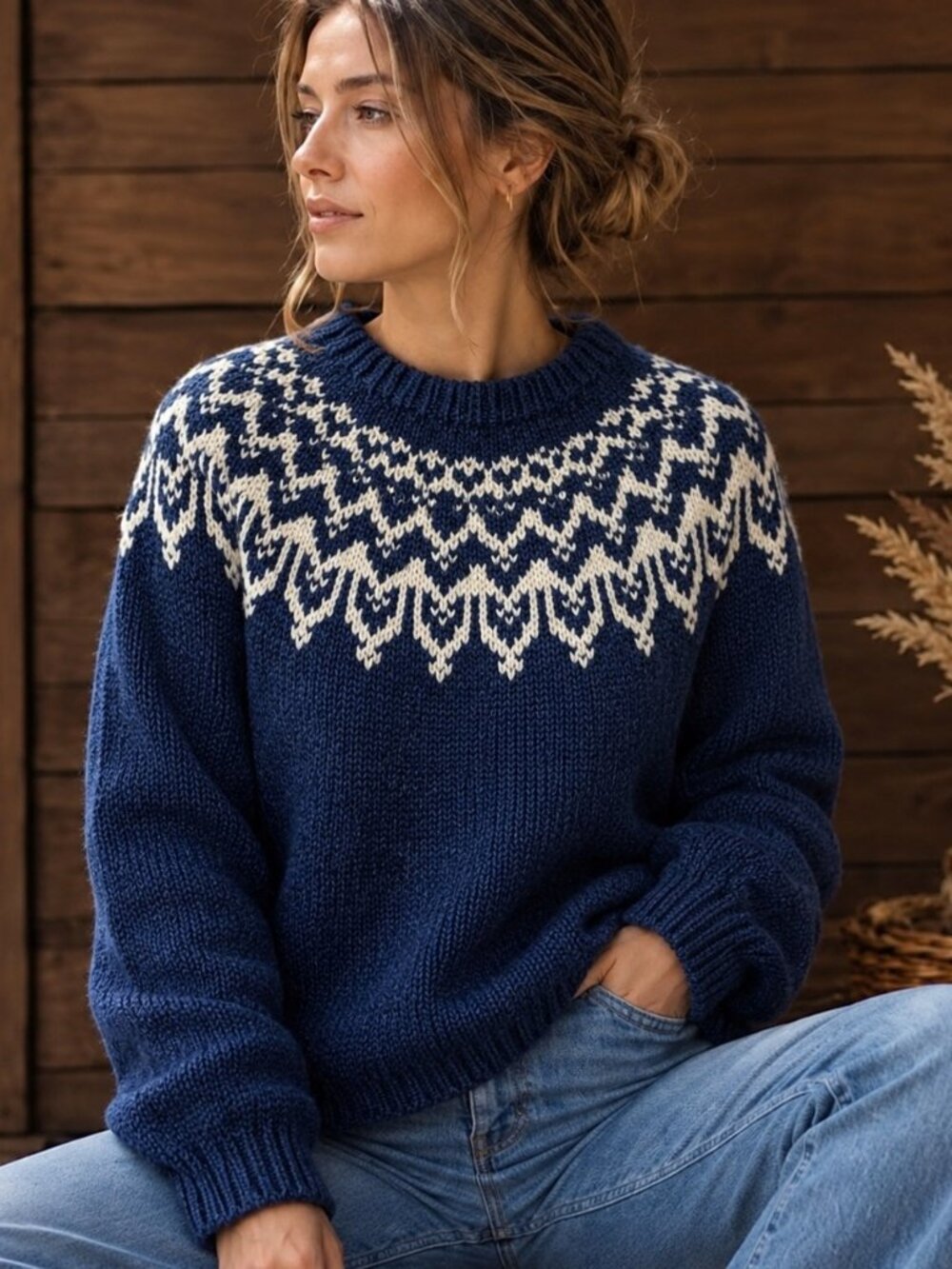VINTAGE 80s HANDMADE NORDIC OVERSIZED Fair Isle chunky knit blue sweater Sz M-XL